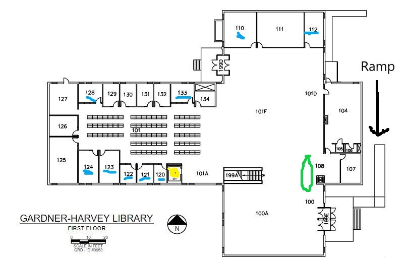 Map of Gardner-Harvey Library First Floor or Main Level.